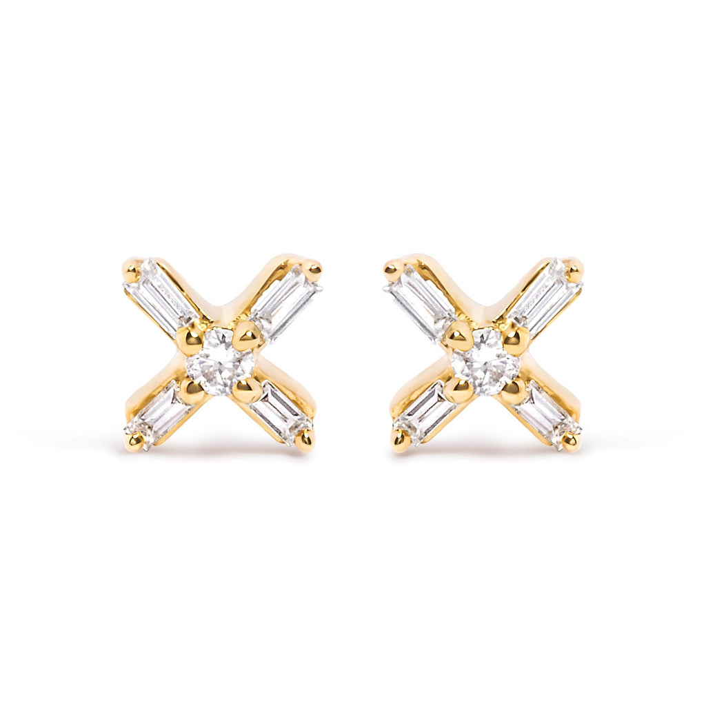 10K Yellow Gold 1/10 Cttw Round and Baguette Diamond Criss Cross X Stud Earring (H-I Color, I1-I2 Clarity)