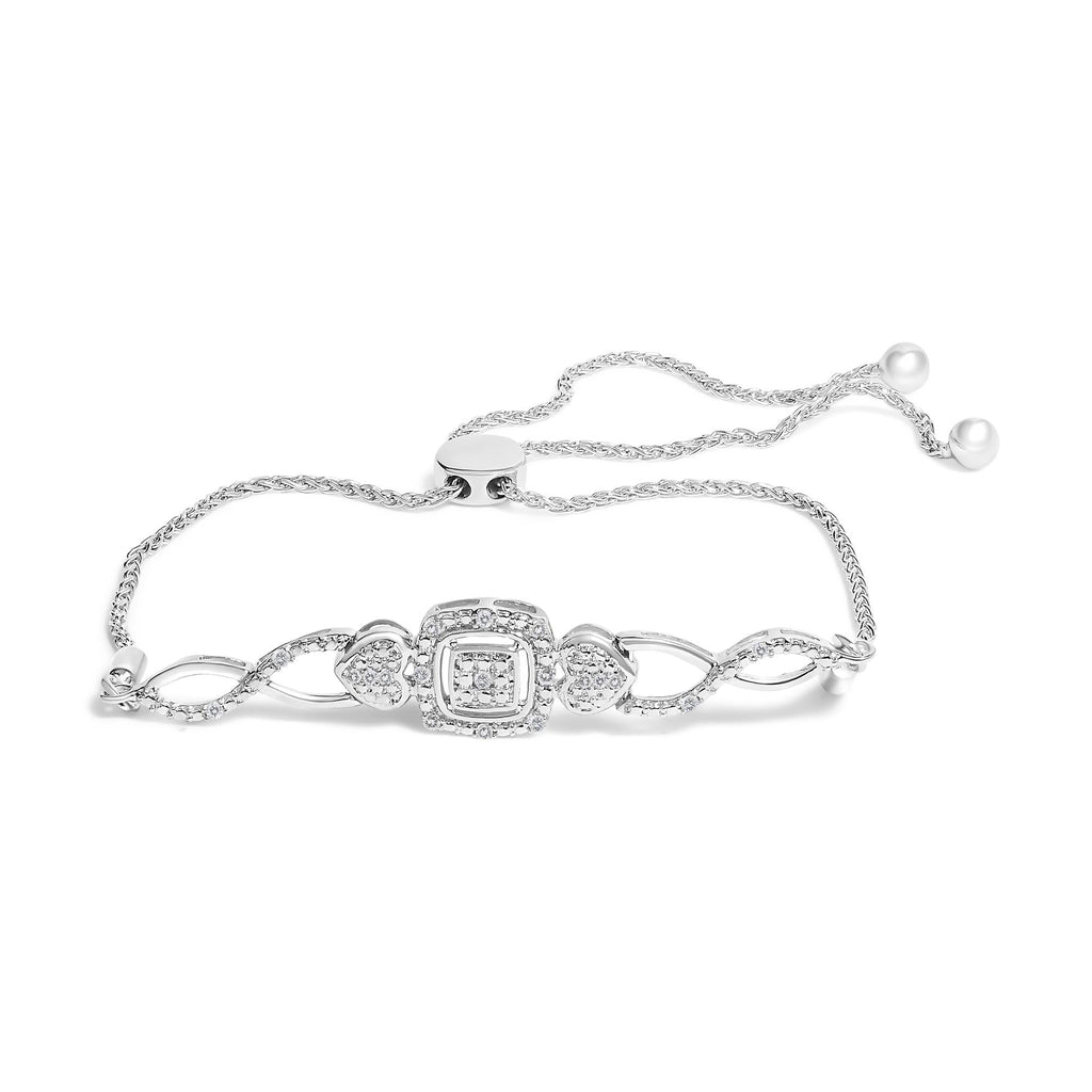 .925 Sterling Silver Diamond Cushion Frame Heart-Sides Twist 4”-10” Adjustable Bolo Tennis Bolo Bracelet (I-J Color, I3 Clarity)