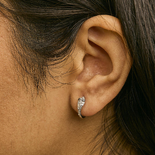 Close-up of an ear wearing a silver hoop earring with a blurred background