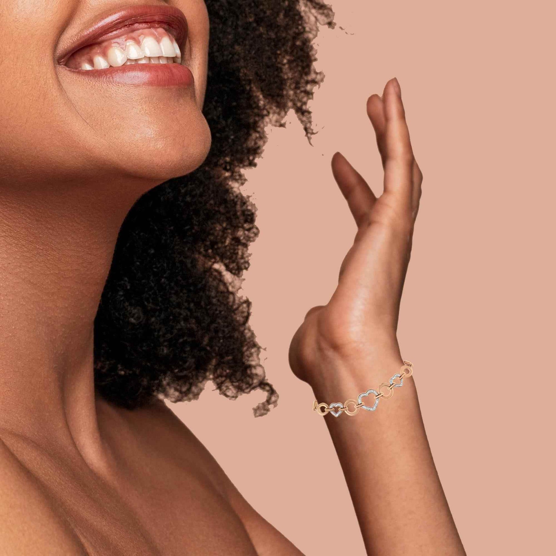 14K Rose Gold Plated .925 Sterling Silver Diamond Accent Circle and Heart Link Adjustable 6”-10” Bolo Bracelet (I-J Color, I3 Clarity) - Bijoux-NYC Direct