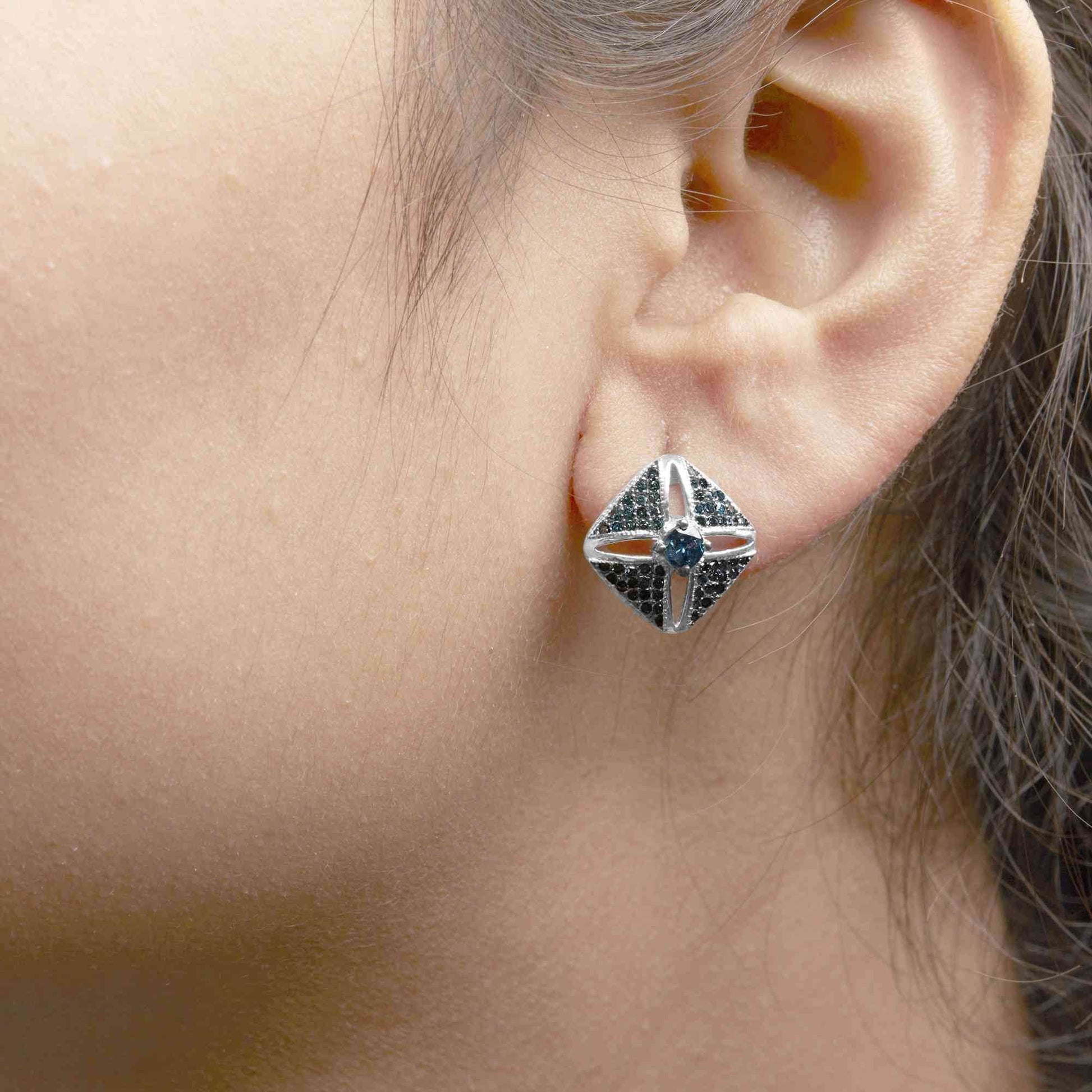 .925 Sterling Silver 1.0 Cttw Blue Diamond Studded Rhombus Stud Earring (Blue Color, I2-I3 Clarity) - Bijoux-NYC Direct