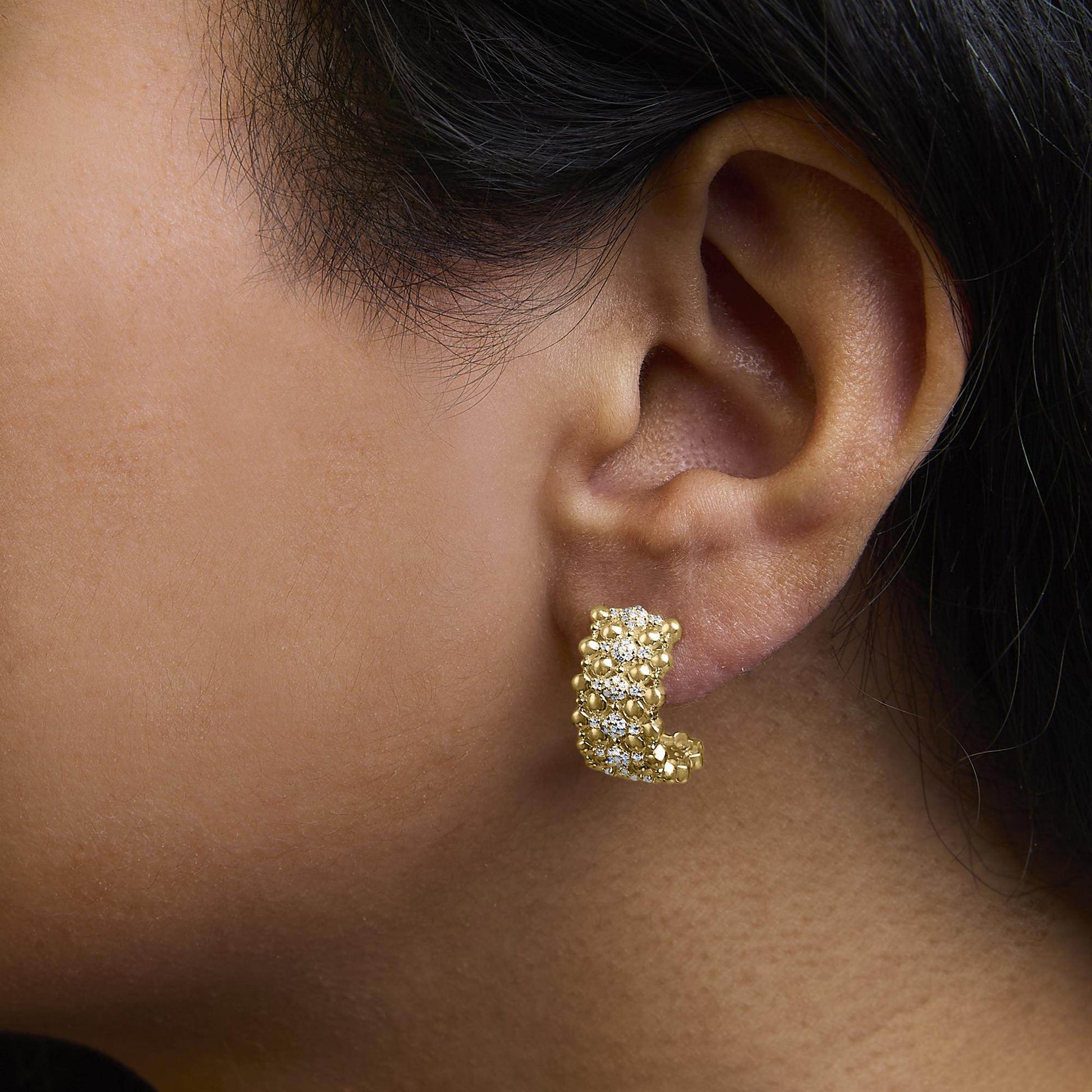 14K Yellow Gold Plated .925 Sterling Silver 1/3 Cttw Diamond and Ball Bead J Hoop Earrings (H-I Color, I1-I2 Clarity) - Bijoux-NYC Direct