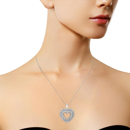 .925 Sterling Silver 1.0 Ctw Diamond Shadow Open Heart Halo 18" Pendant Necklace (I-J Color, I1-I2 Clarity) - Bijoux-NYC Direct
