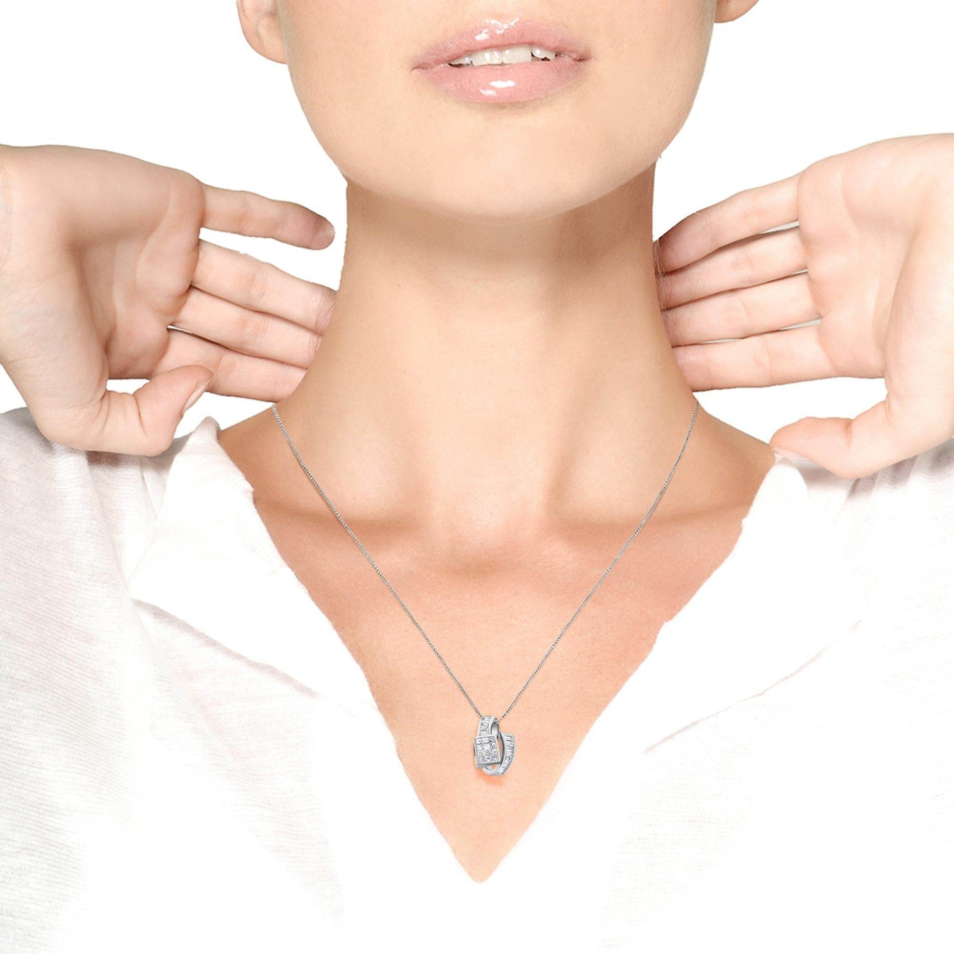 14K White Gold 2 cttw Princess and Baguette Cut Diamond Double Loop Pendant Necklace (G-H, VS1-VS2) - Bijoux-NYC Direct