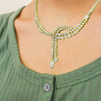 14k Yellow Gold 17.0 Cttw Diamond Double Row Lariat 18" Inch Tennis Necklace with Pear Shape Diamond Drop Tips (I-J Color, VS2-SI1 Clarity) - Bijoux-NYC Direct