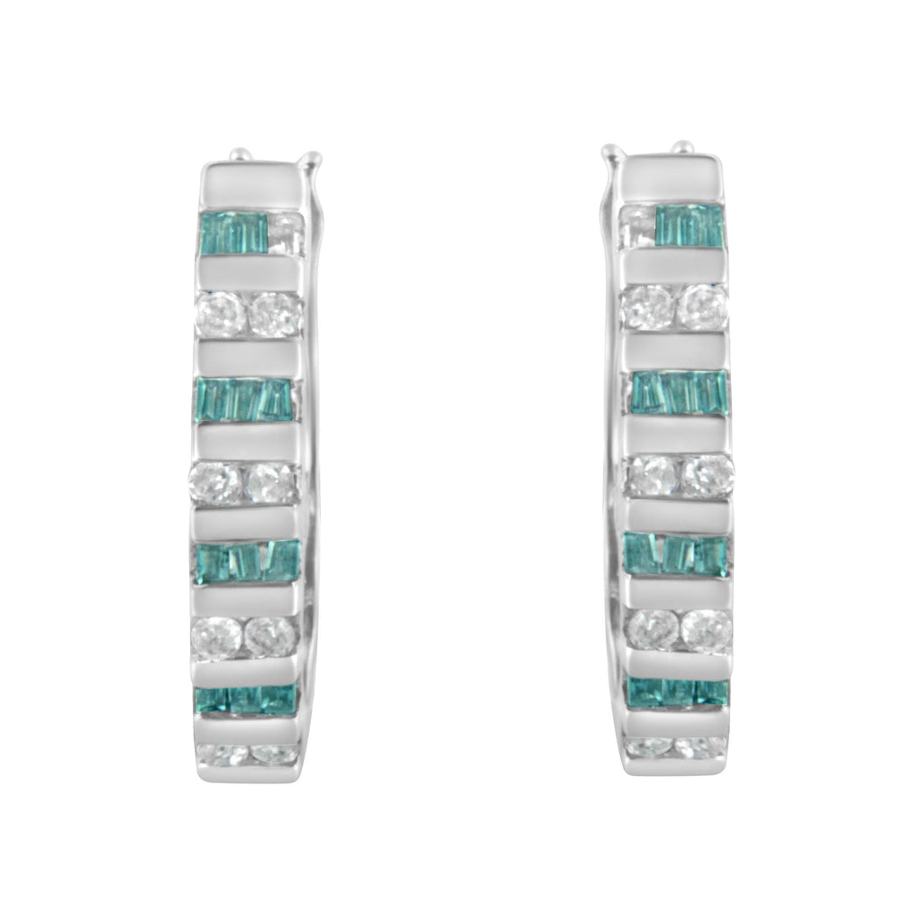 10k White Gold Round and Blue Baguette Diamond Hoop Earrings (0.50 cttw, I-J Color, I2-I3 Clarity)