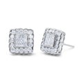 Round & Princess Cut Diamond Halo Stud Earrings in 14K White Gold – 1 cttw
