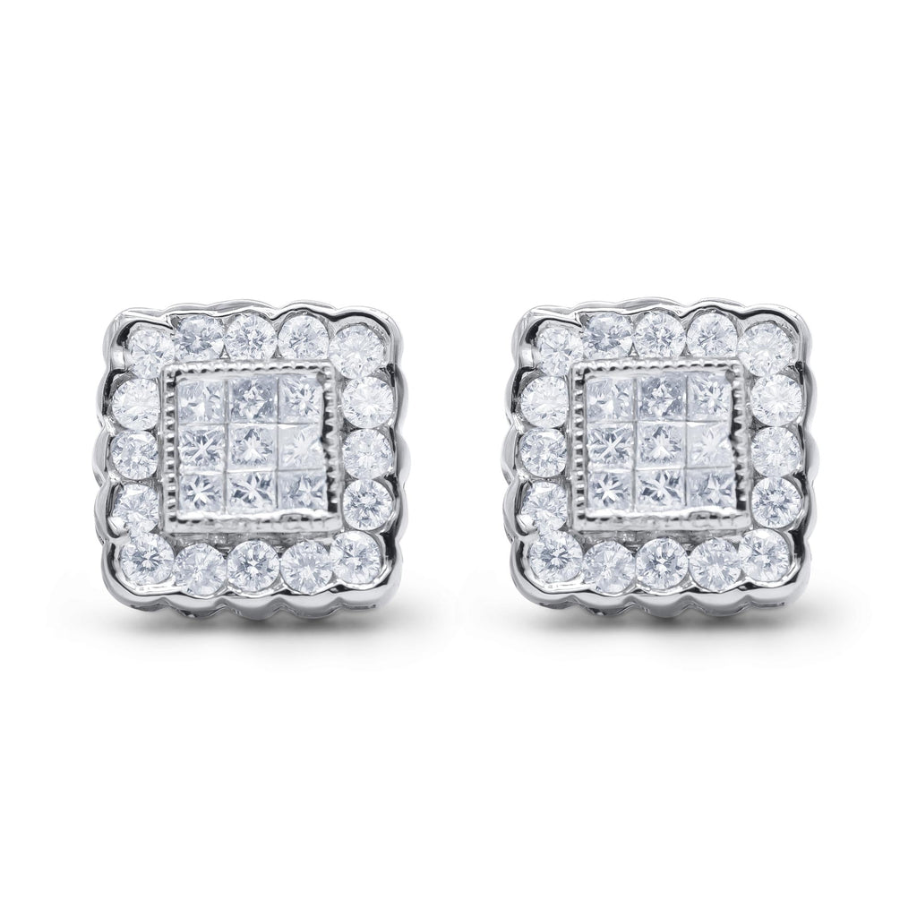 Round & Princess Cut Diamond Halo Stud Earrings in 14K White Gold – 1 cttw