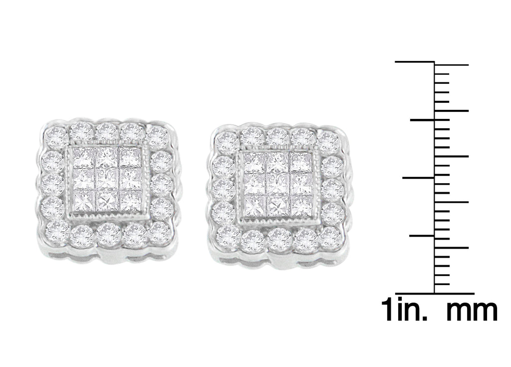 Round & Princess Cut Diamond Halo Stud Earrings in 14K White Gold – 1 cttw