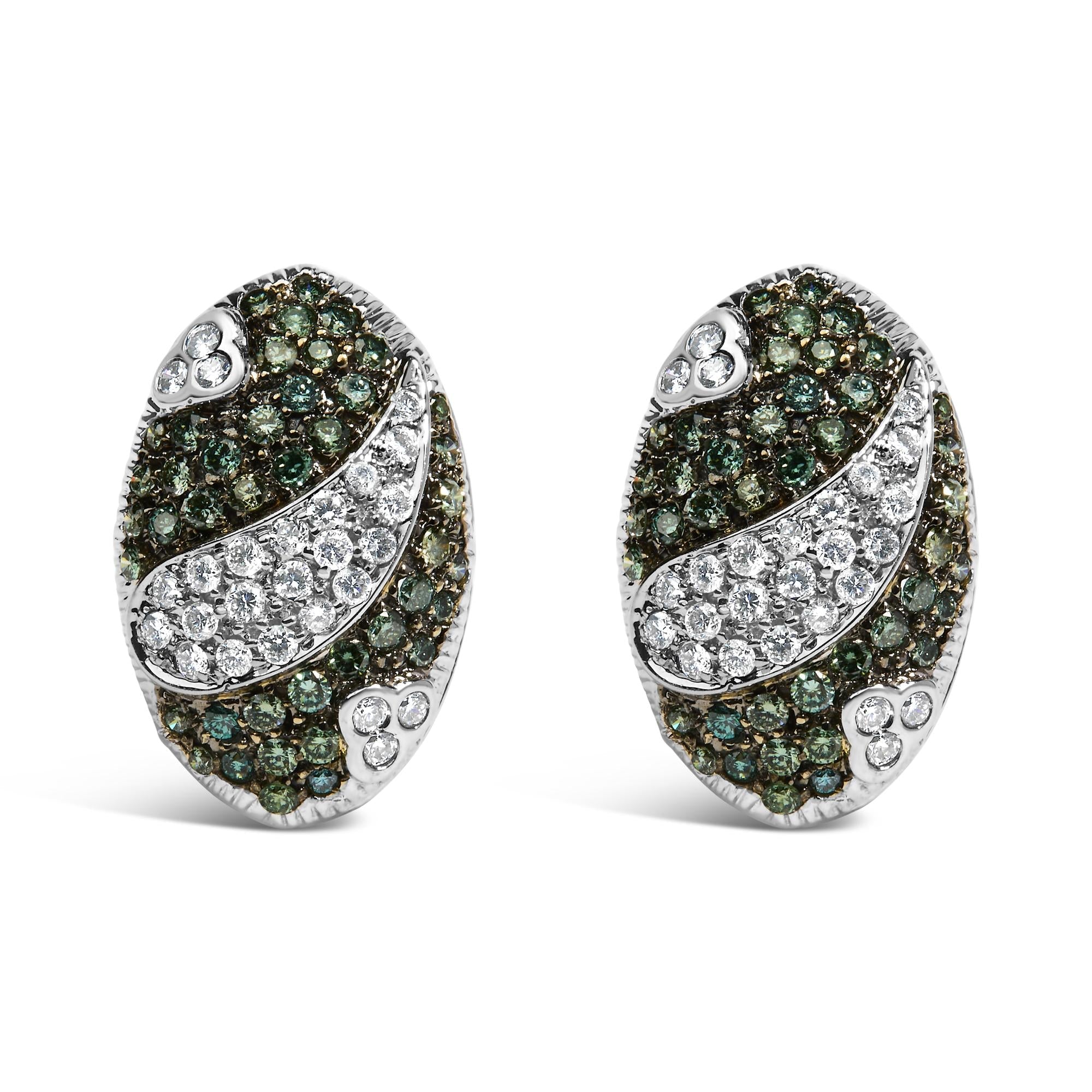 14K White Gold 2.00 Cttw White and Treated Blue Diamond Oval Shield Omega Back Earrings (H-I Color, SI1-SI2 Clarity)