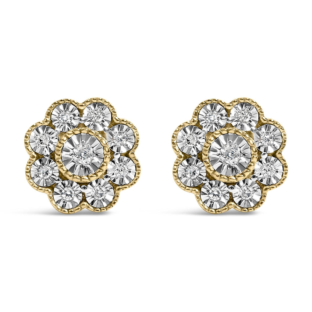 14K Yellow Gold Plated .925 Sterling Silver 1/6 Cttw Miracle-Plate Set Diamond Floral Stud Earrings (I-J Color, I2-I3 Clarity)