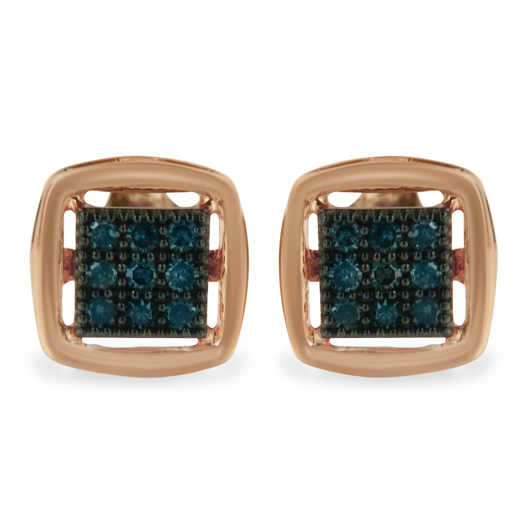 Rose Plated Sterling Silver Rose Cut Treated Diamond Stud Earring (0.25 cttw, Blue Color, I2-I3 Clarity)