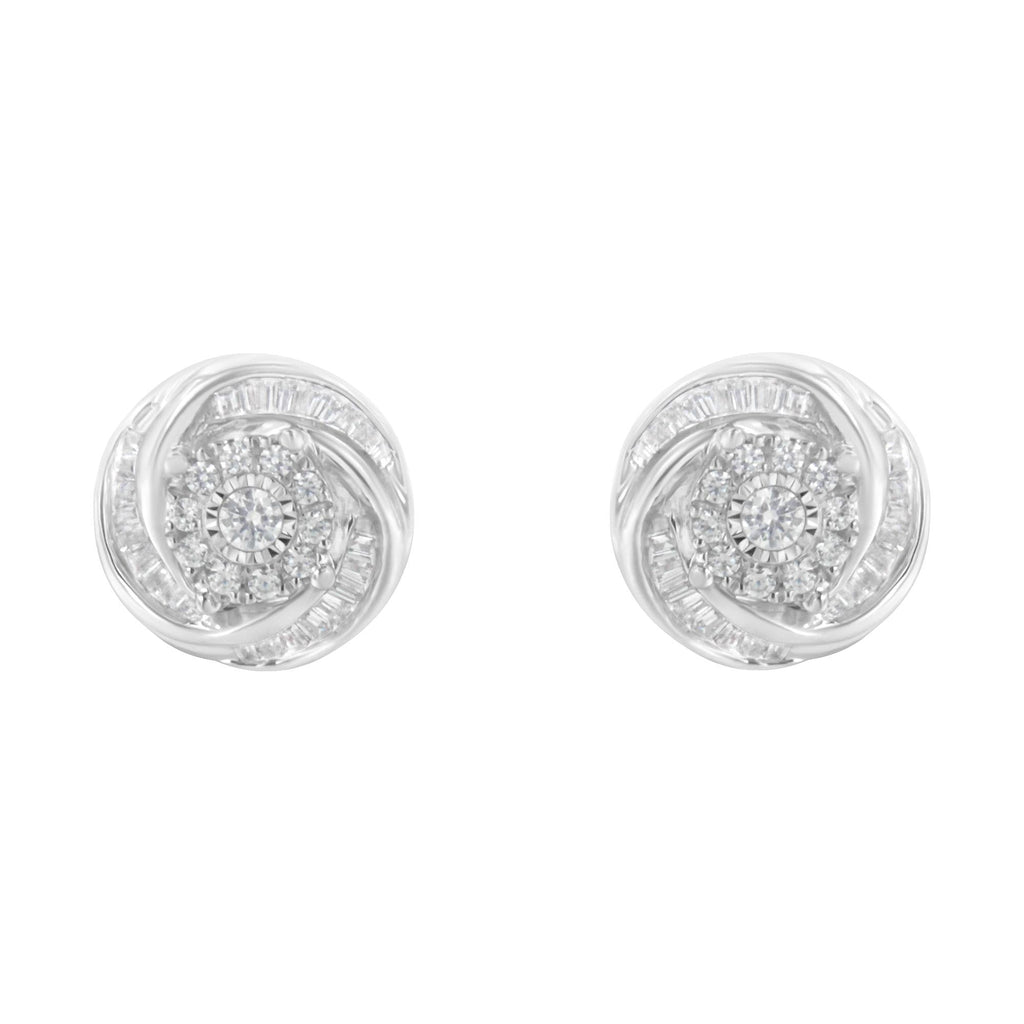 .925 Sterling Silver 3/4 Cttw Round and Baguette-Cut Diamond Love Knot Stud Earring (I-J Color, I2-I3 Clarity)