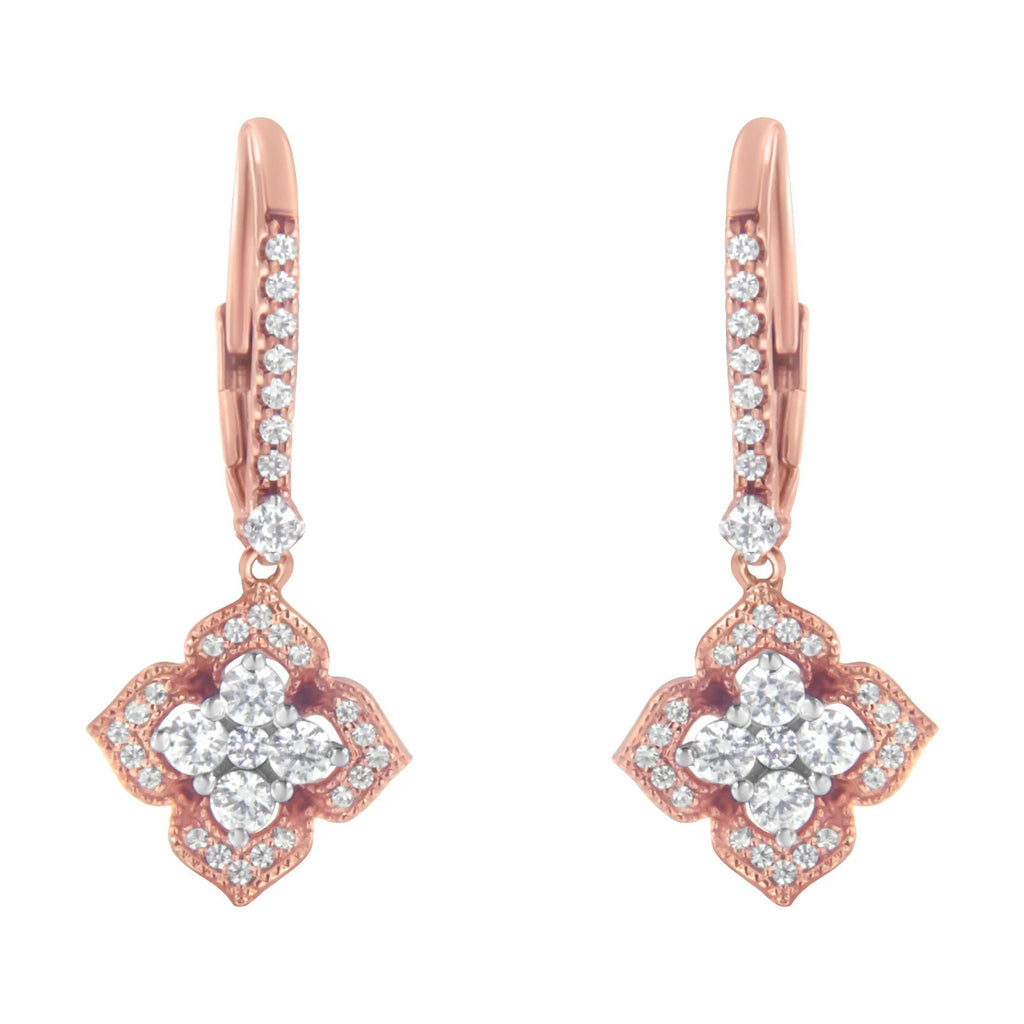 10K Rose Gold 3/4 Cttw Diamond Flower Drop Dangle Earring (I-J Color, I1-I2 Clarity)