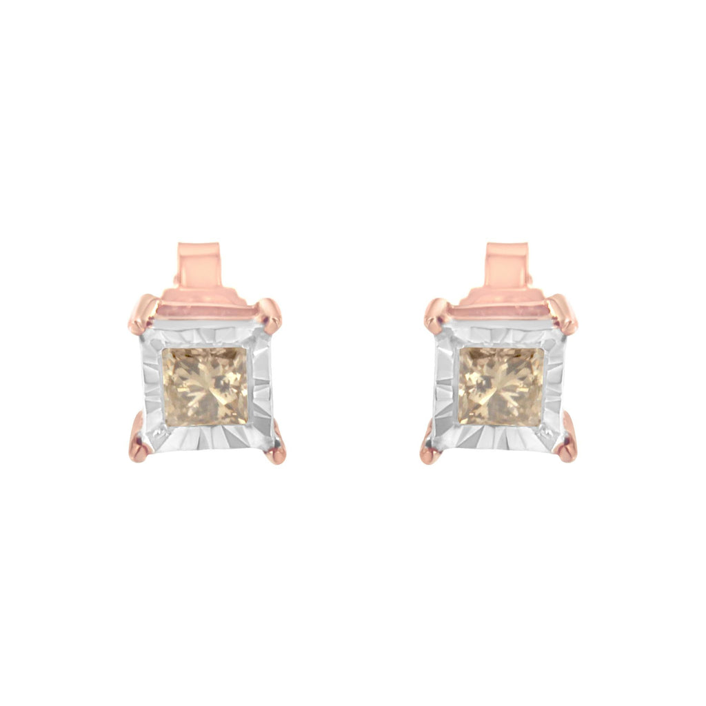 14K Rose Gold Plated Two-Tone .925 Sterling Silver 1/2 Cttw Princess-Cut Square Diamond Solitaire Miracle-Plate Stud Earrings (K-L Color, I2-I3 Clarity)