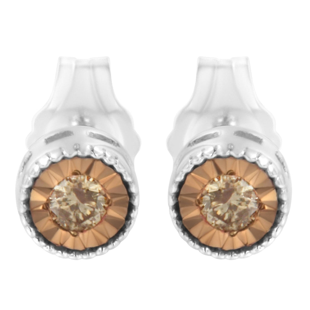 .925 Sterling Silver 1/10 Cttw Round Brilliant-Cut Champagne Diamond Miracle-Set Stud Earrings (Natural Color, I1-I2 Clarity)