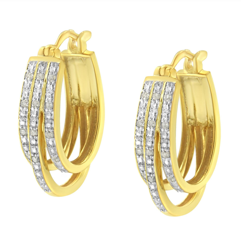 .925 Sterling Silver 1/4 Cttw Diamond and Alternating Beaded Triple Hoop Earring (I-J Color, I3 Clarity)