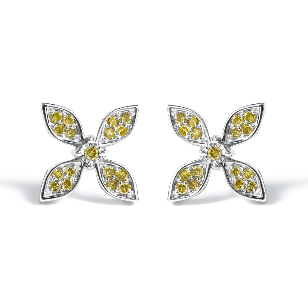 Yellow Diamond Floral Stud Earrings in Rhodium-Plated Sterling Silver – Treated