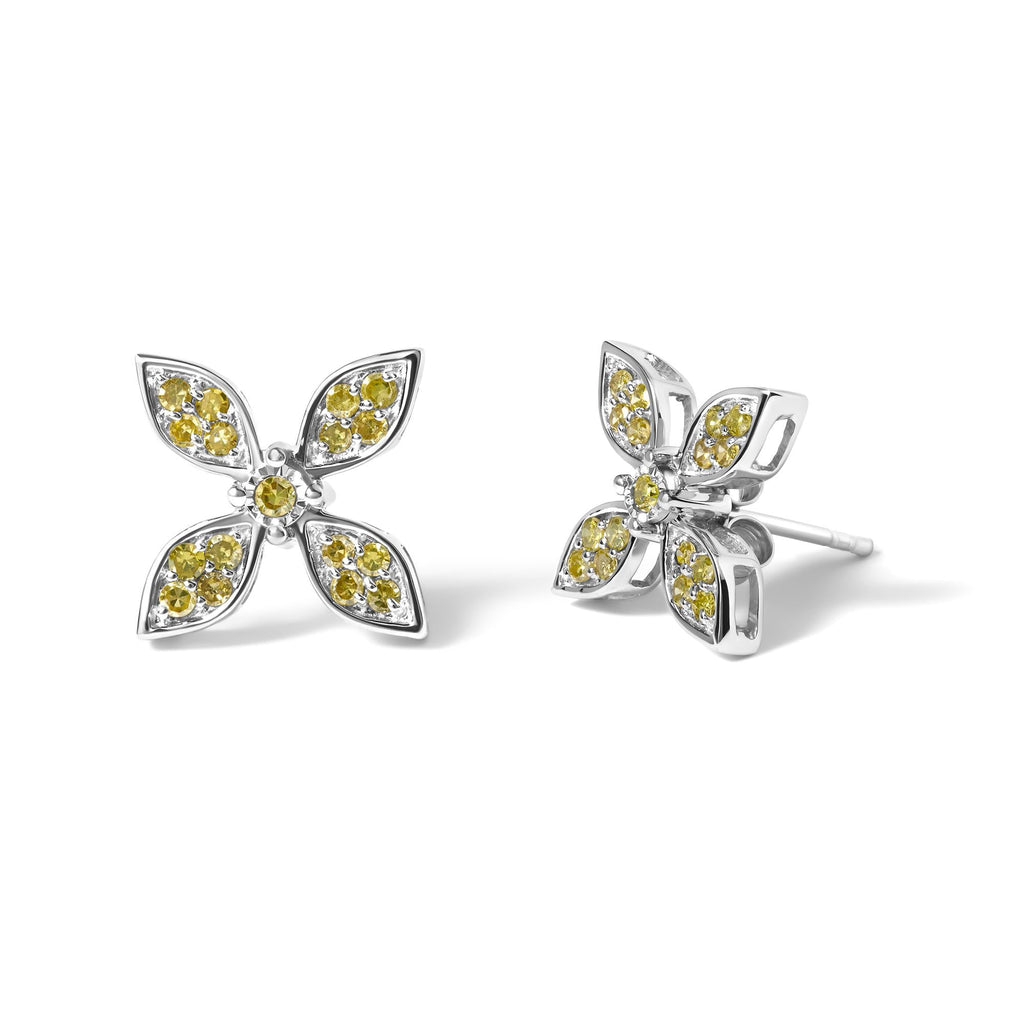 Yellow Diamond Floral Stud Earrings in Rhodium-Plated Sterling Silver – Treated