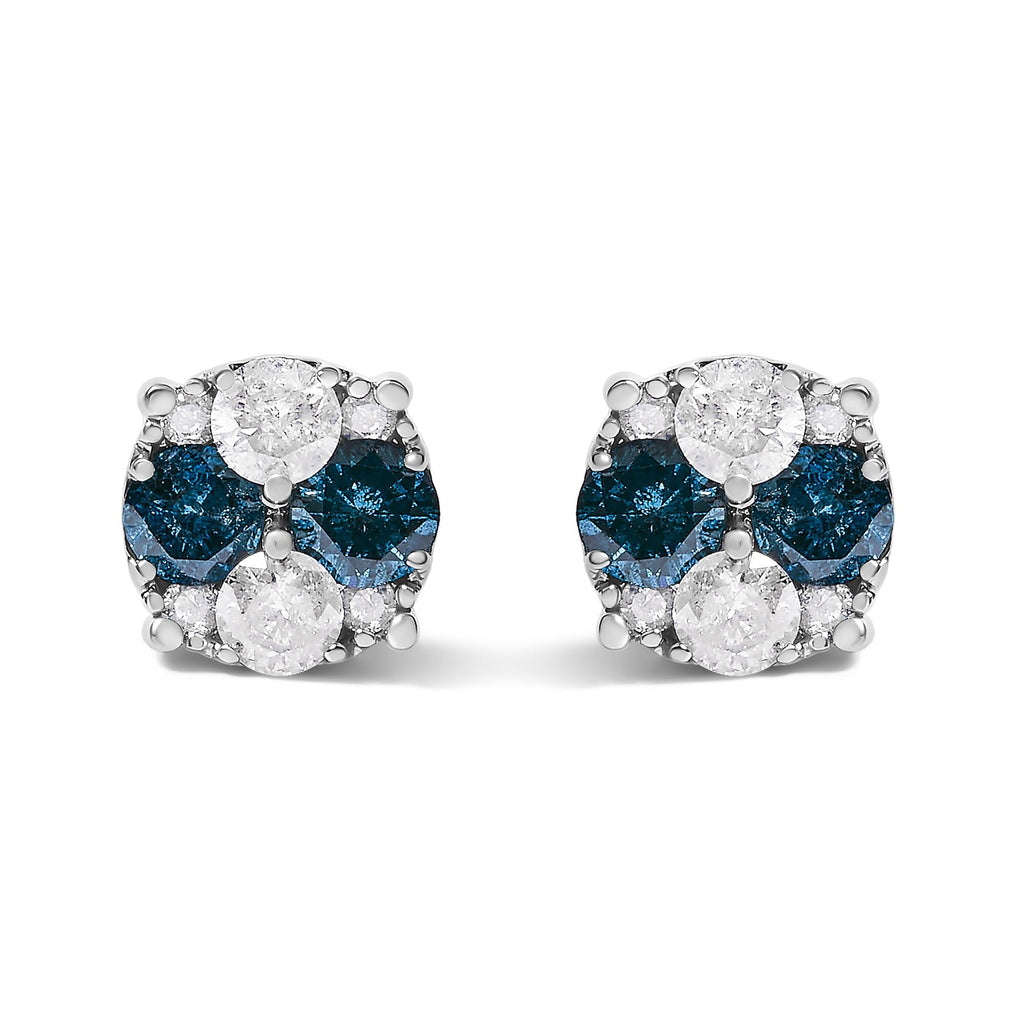 .925 Sterling Silver 2.0 Cttw Blue Diamond Composite Cluster Stud Earring