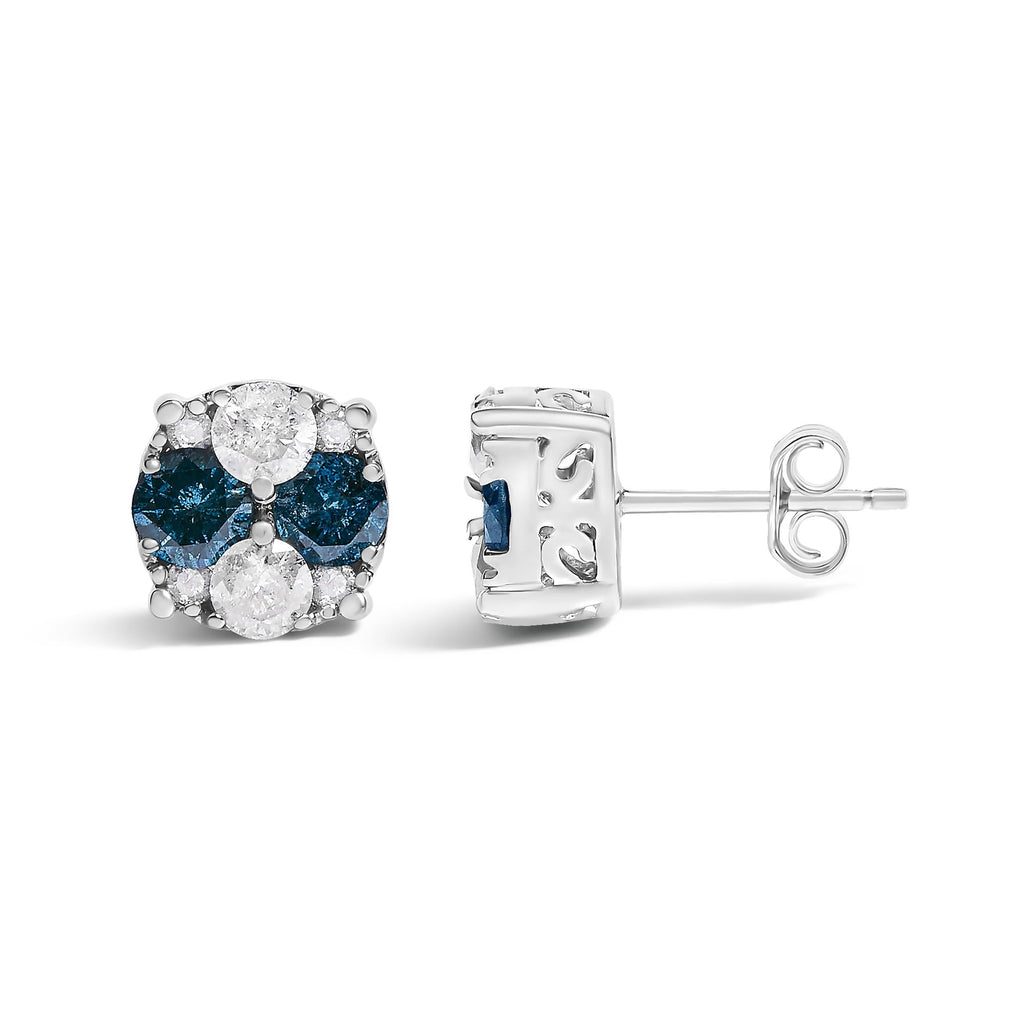 Blue Diamond Composite Cluster Stud Earrings in Sterling Silver – 2 Cttw
