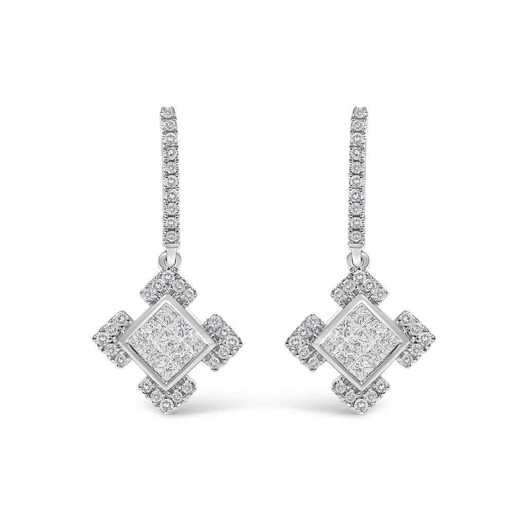 Princess & Round Diamond Geometric Dangle Earrings in 10K White Gold – 1/2 Cttw
