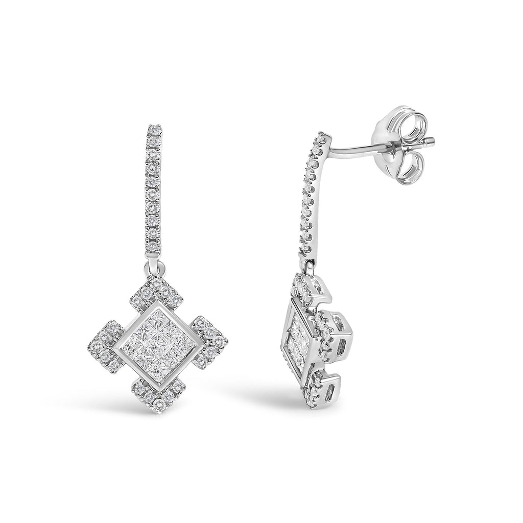 Princess & Round Diamond Geometric Dangle Earrings in 10K White Gold – 1/2 Cttw