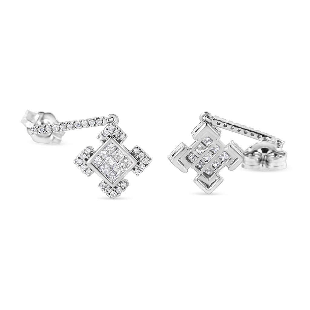 Princess & Round Diamond Geometric Dangle Earrings in 10K White Gold – 1/2 Cttw