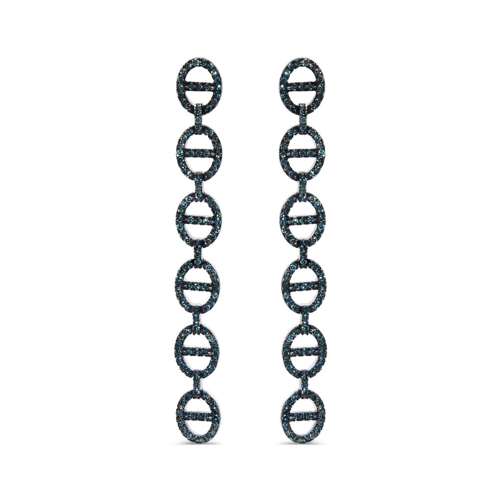 Treated Blue Diamond Linked Circle Drop Earrings in Sterling Silver – 1 Cttw