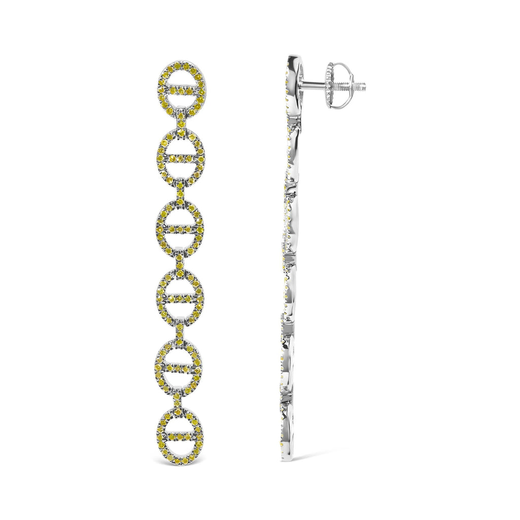 Yellow Diamond Linked Circle Drop Earrings in Sterling Silver – 1.0 Cttw
