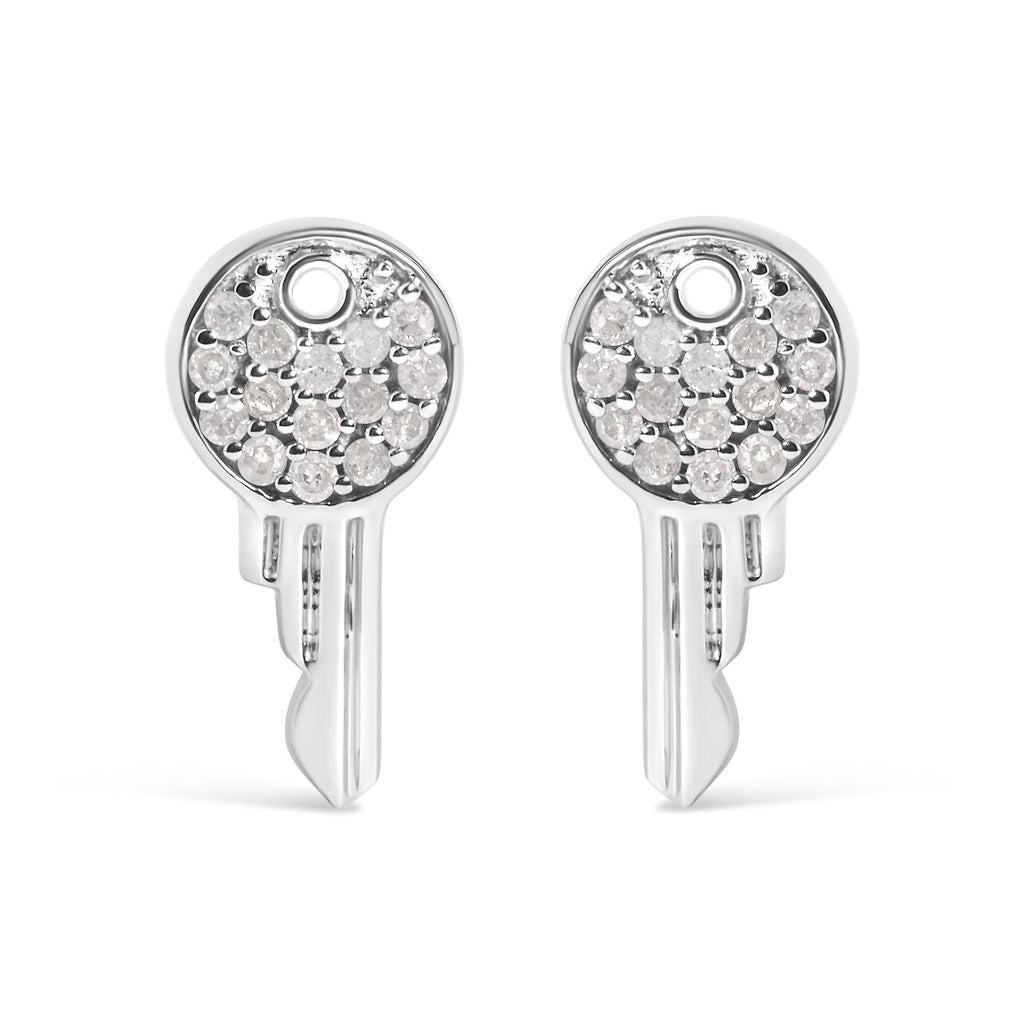 Natural Diamond Key Motif Charm Stud Earrings in Sterling Silver – 1/6 Cttw