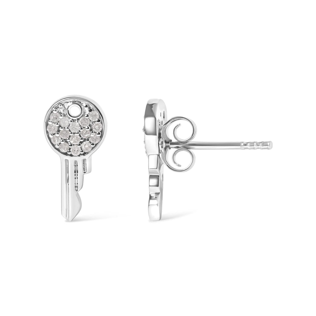 Natural Diamond Key Motif Charm Stud Earrings in Sterling Silver – 1/6 Cttw