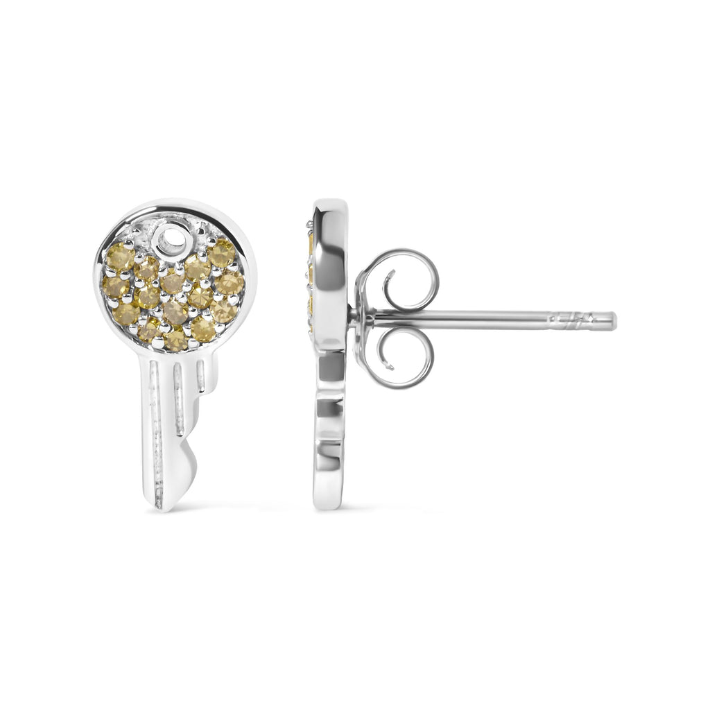 Treated Yellow Diamond Key Motif Charm Stud Earrings in Sterling Silver – 1/6 Cttw