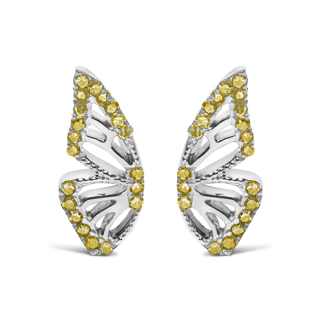 Treated Yellow Diamond Butterfly Stud Earrings in Sterling Silver – 1/6 Cttw