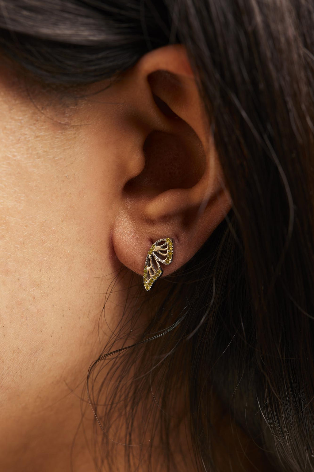 Treated Yellow Diamond Butterfly Stud Earrings in Sterling Silver – 1/6 Cttw