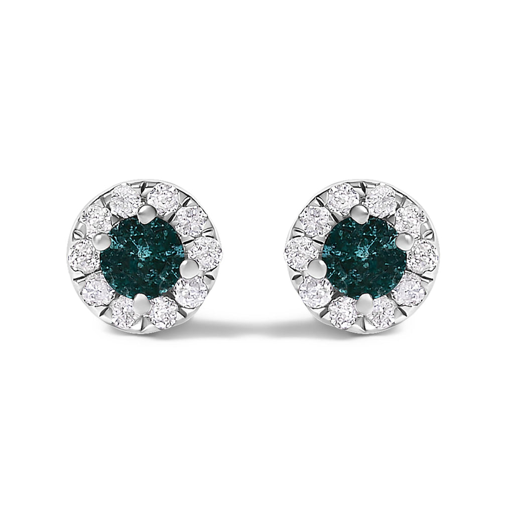 Blue Diamond Halo Stud Earrings in Sterling Silver – 1/3 Cttw