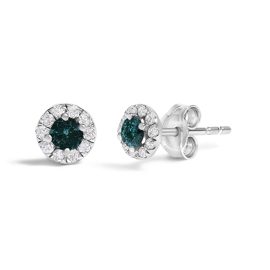 Blue Diamond Halo Stud Earrings in Sterling Silver – 1/3 Cttw