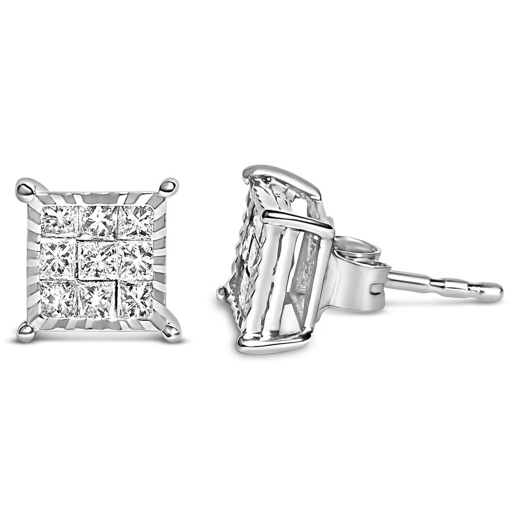 Sterling Silver 1/2 Cttw Princess Diamond Composite Square Stud Earrings