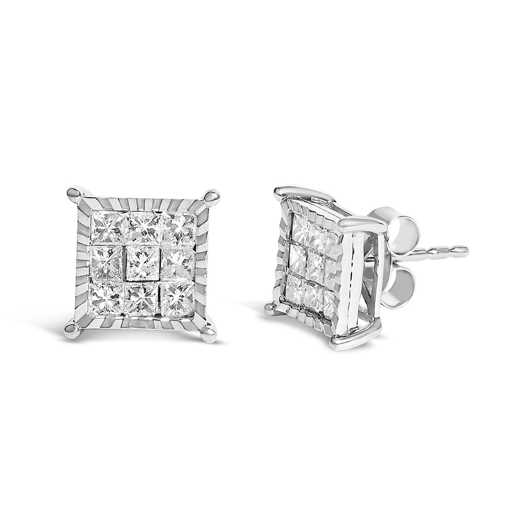 Princess Diamond Square Stud Earrings in Sterling Silver – 1 Cttw