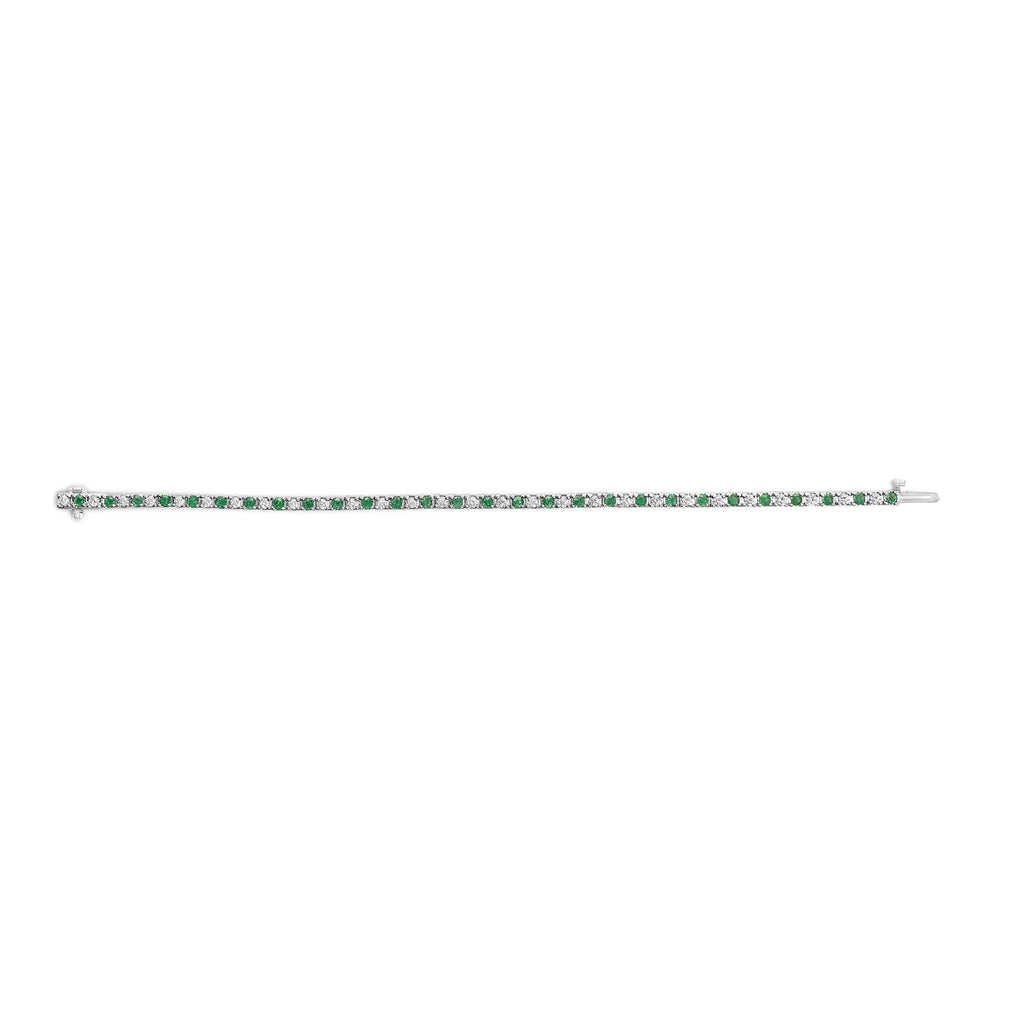 14K White Gold Alternating 1 1/2 Cttw Diamond and Emerald Tennis Bracelet