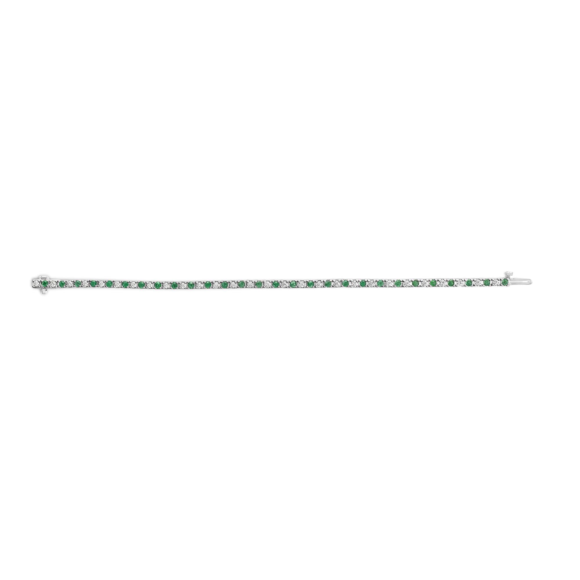 14K White Gold Alternating 1 1/2 Cttw Diamond and Emerald Tennis Bracelet