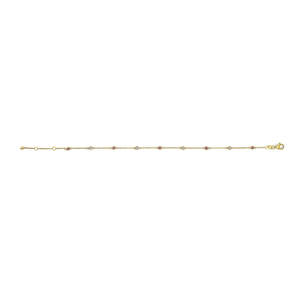 14K Yellow Gold Alternating Red Ruby and White Diamond Bezel Station Chain Bracelet (I-J Color, SI2-I1 Clarity) - 8" Inches