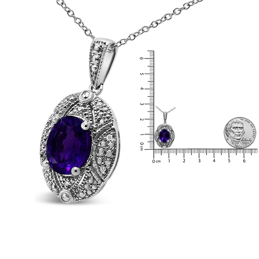 Amethyst pendant with chain on a white background, accompanied by a ruler for scale.