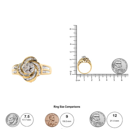 10K Yellow Gold 1/2 Cttw Round and Baguette Diamond Flower Swirl Cocktail Ring (I-J Color, SI2-I1 Clarity) - Bijoux-NYC Direct