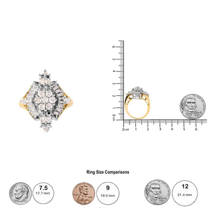 10K Yellow Gold 1 Cttw Round and Baguette cut Diamond Cluster and Rhombus Halo Ring (H-I Color, I1-I2 Clarity) - Bijoux-NYC Direct