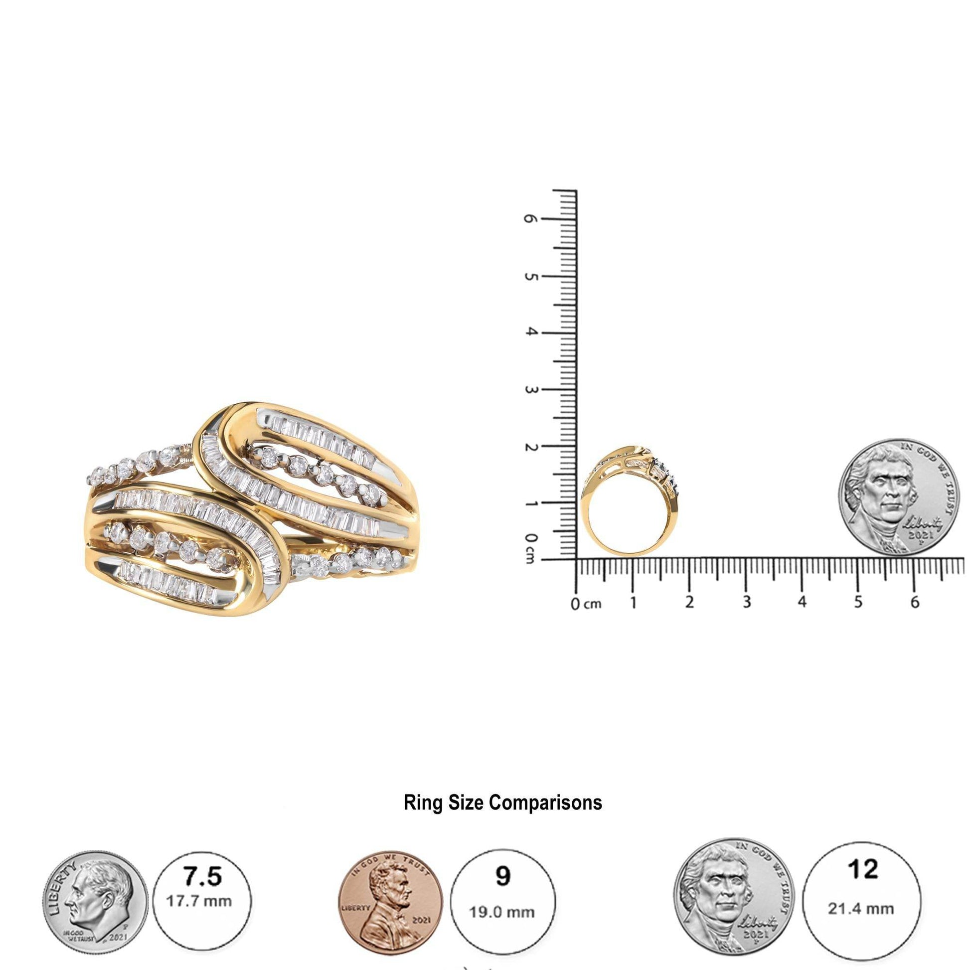 10K Yellow Gold 1/2 Cttw Round and Baguette cut Diamond Open Space Bypass Ring (H-I Color, SI2-I1 Clarity) - Bijoux-NYC Direct