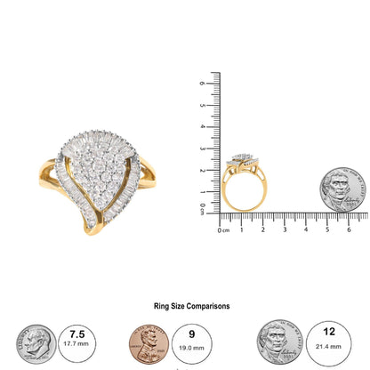 10K Yellow Gold 1 Cttw Round and Baguette Cut Diamond Ballerina Cluster Ring (H-I Color, SI2-I1 Clarity) - Bijoux-NYC Direct