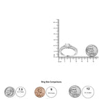 Ring size comparison chart with coins and a ruler on a white background