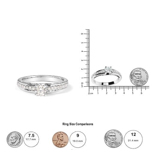 Silver ring with size comparison using coins on a white background