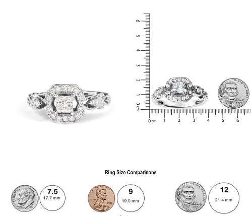 Silver ring with size comparison to coins and a ruler on a white background